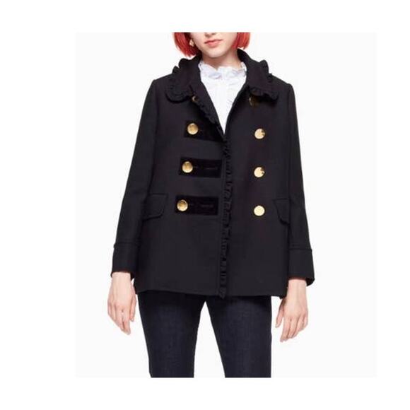 Kate Spade Wool Black Winter Fall Pea Coat Bow on Back - Picture 2 of 13